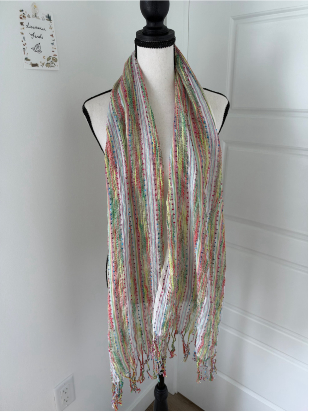 Multi-Color Striped Scarf Open-Weave Lightweight Fringe Colorful Dreamy Vibrant